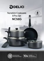 8 Pcs Nonstick Cookware Set (NCS8G) | 10X Tougher Non-Stick | Healthy PFOA-Free Interior | Heat Resistant | Tempered Glass Lids | Eco-Friendly | Gas, Electric, Ceramic, Induction Compatible | 24 cm Casserole, 20 cm Casserole, 24 cm Frypan, 16 cm Milkpan, Nylon Spatula, Dishwasher Safe - Casseroles, Frypan, Milkpan, and Nylon Spatula with Glass Lids - Kitchen Cookware Collection