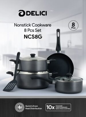 8 Pcs Nonstick Cookware Set (NCS8G) | 10X Tougher Non-Stick | Healthy PFOA-Free Interior | Heat Resistant | Tempered Glass Lids | Eco-Friendly | Gas, Electric, Ceramic, Induction Compatible | 24 cm Casserole, 20 cm Casserole, 24 cm Frypan, 16 cm Milkpan, Nylon Spatula, Dishwasher Safe - Casseroles, Frypan, Milkpan, and Nylon Spatula with Glass Lids - Kitchen Cookware Collection