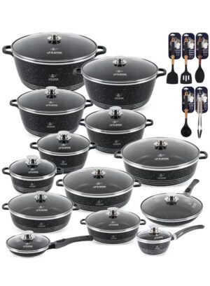 31pcs Nonstick Granite Cookware Set – Premium Non Stick Cookwares, Kitchen Cooking Pots & Soup Pots | Pots & Pans Set | Casseroles (20/24/28/32/36/40cm) with Lids, 24/32/36/40cm Shallow Pots, Saucepan 16cm, Frying Pans (20/28cm) & Silicone Kitchen Spoons