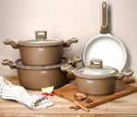 Julia Elite Prof Brown Granite Cookware Set 7 Pieces Nonstick Durable Easy Clean Heat Resistant Includes Casserole 20cm 24cm 28cm And Frying Pan 24cm Perfect Kitchen Set For Daily Healthy Cooking